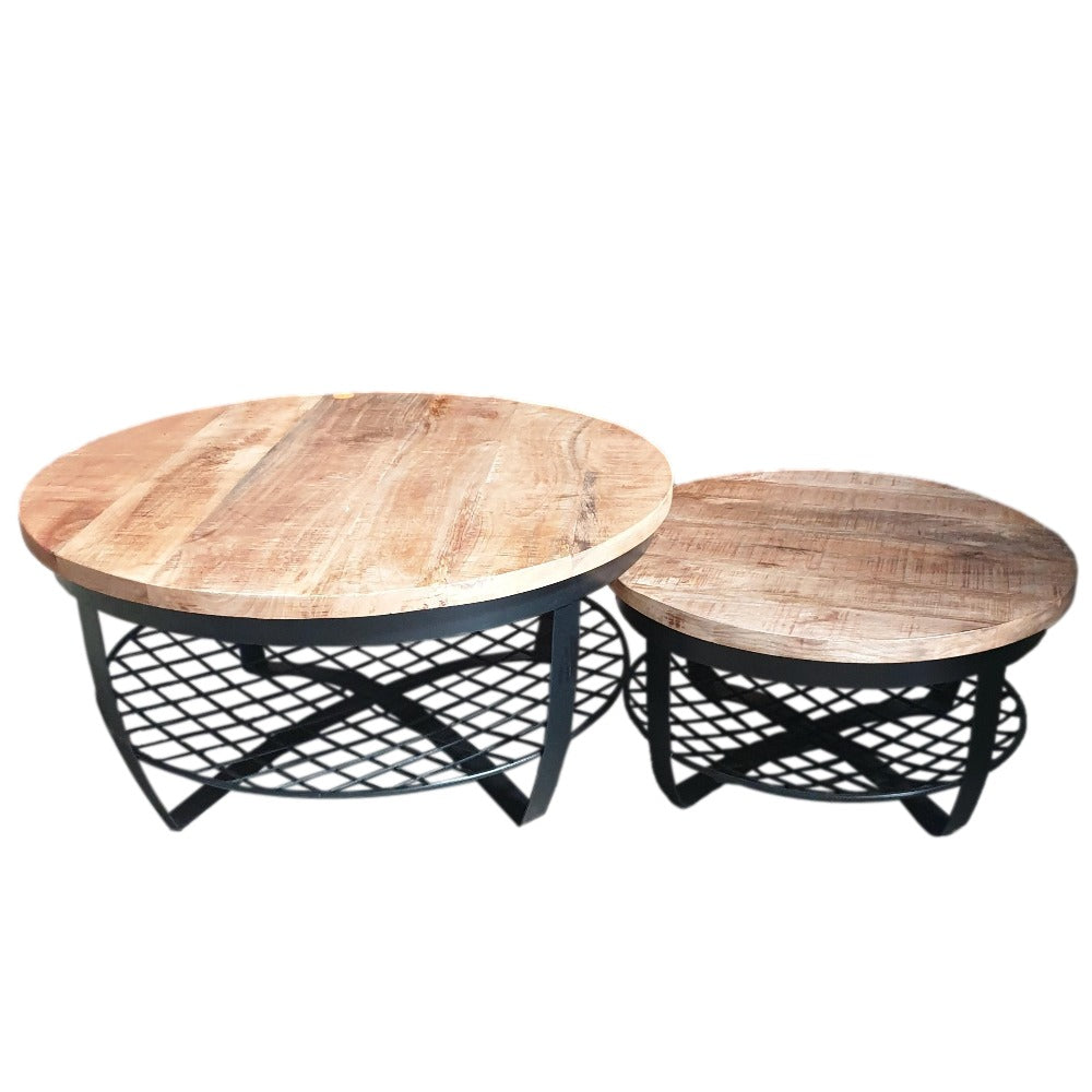 Iron Round Center Table Wooden Top & Iron Shelf Base 65 - 90