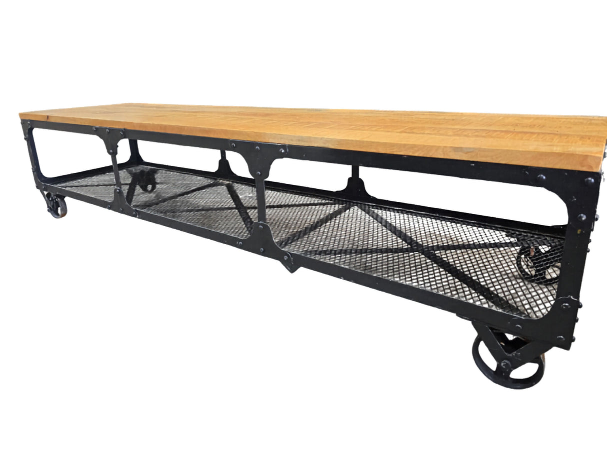 Industrieel (TV) meubel metaal op wielen met mangohouten blad, 200cm!!