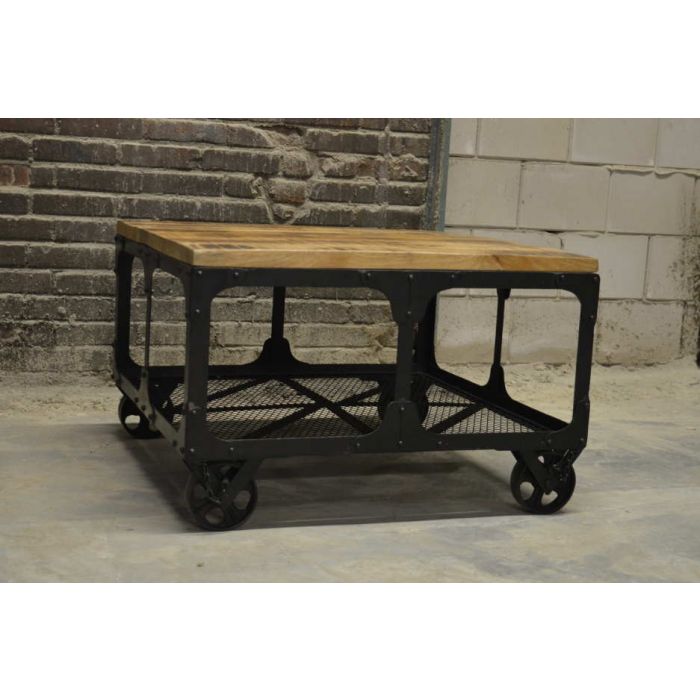 Salontafel op wielen, metaal met mangohout 75cm x 75cm