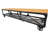 Industrieel (TV) meubel metaal op wielen met mangohouten blad, 200cm!!