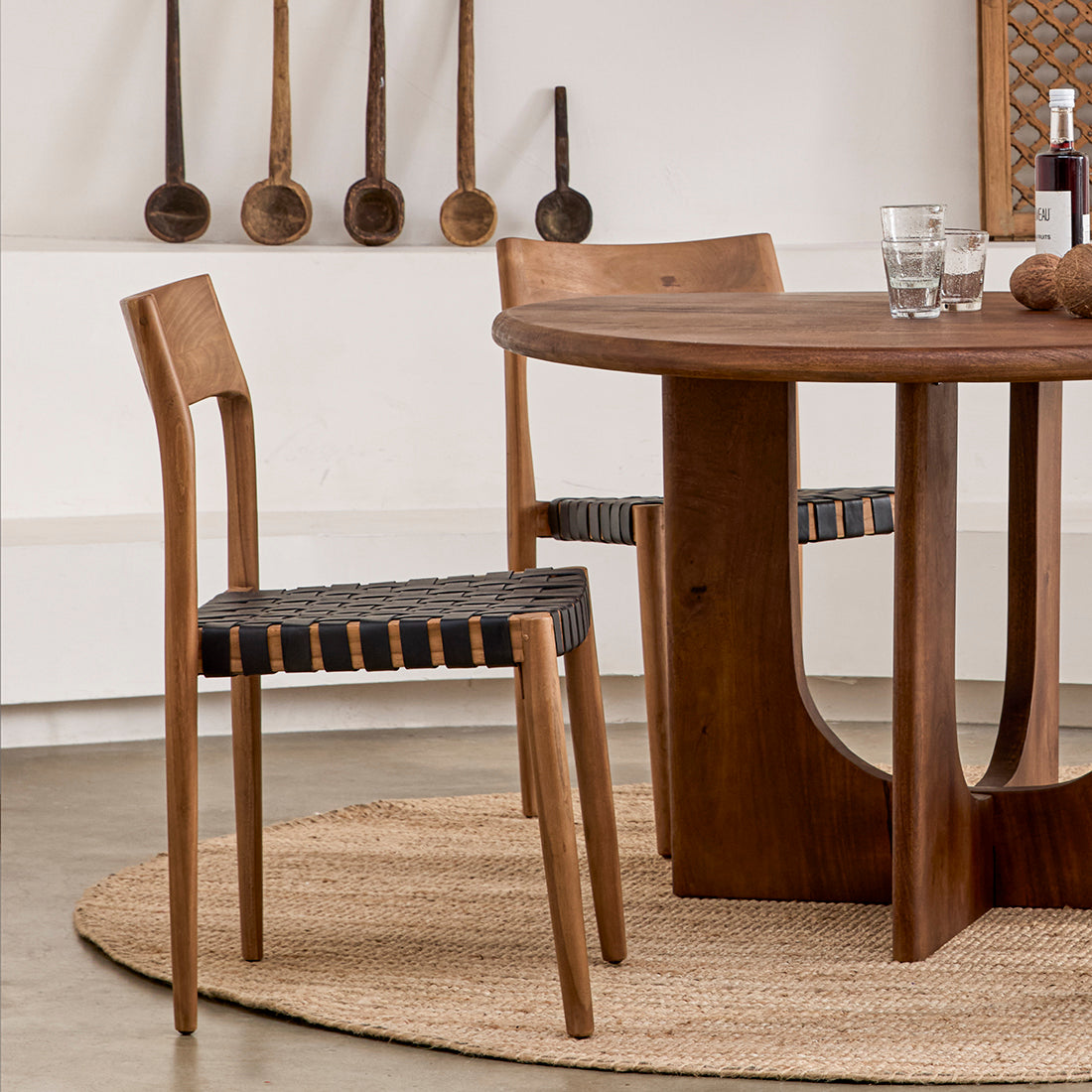 Freya teak eetkamerstoel met leer - Zwart (set of 2)