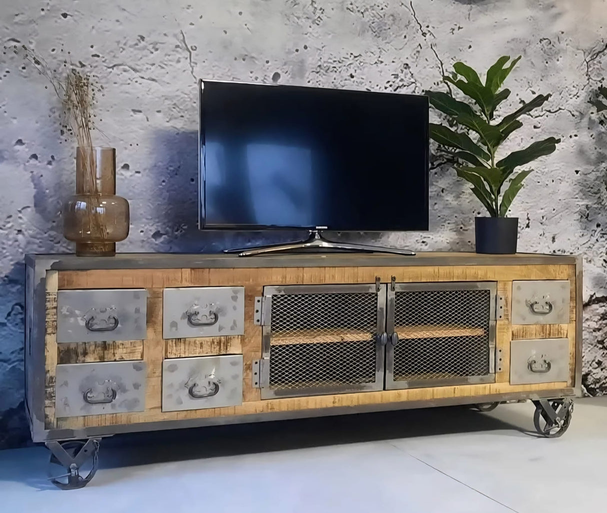TV-meubel mangohout met metalen randen en lades
