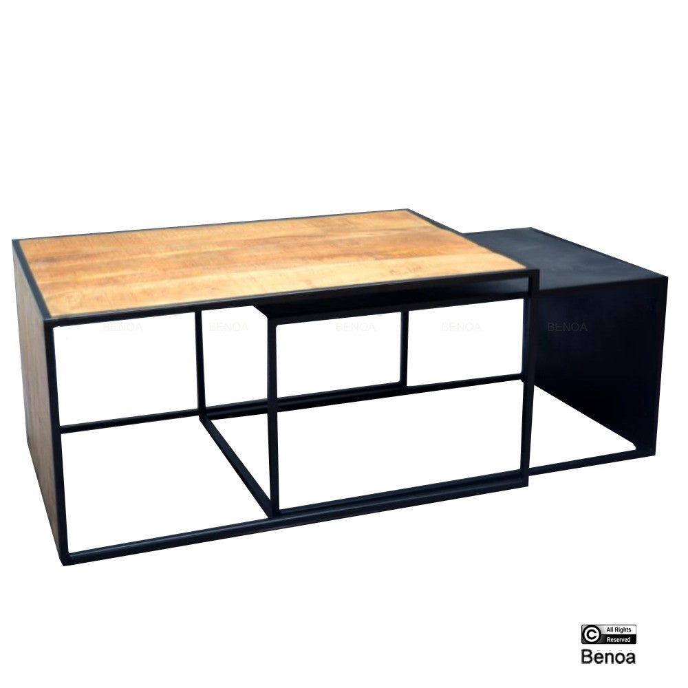 Salontafel Rechthoek Set van 2 Natural Wood / Sandblasted Black Finish